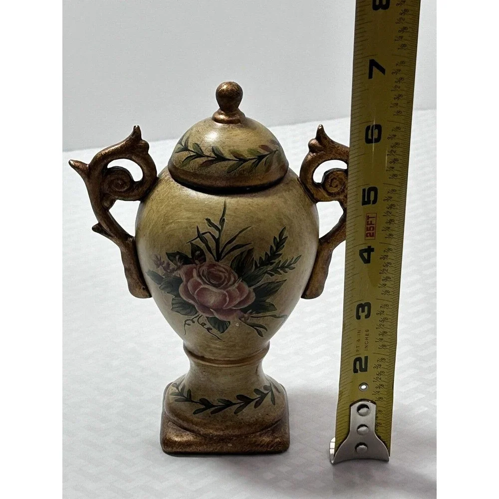 Floral Art Handpainted Ceramic Gold Urn Handle Pedestal Vase‎ W/ Lid
